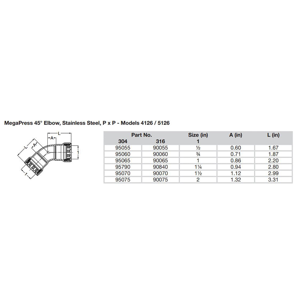 Viega MegaPress 1/2" 45 Stainless Steel 304 Elbow - Double Press Connection - Smart Connect Technology [95055]